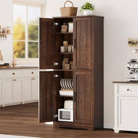 GarveeLife 70" Tall Kitchen Pantry,Farmhouse Storage Cabinet with Adjustable Shelves,Farmhouse Pantry Cabinet with 4 Barn Doors, for Kitchen,Dining Room,Living Room.(Rustic Brown) GarveeLife