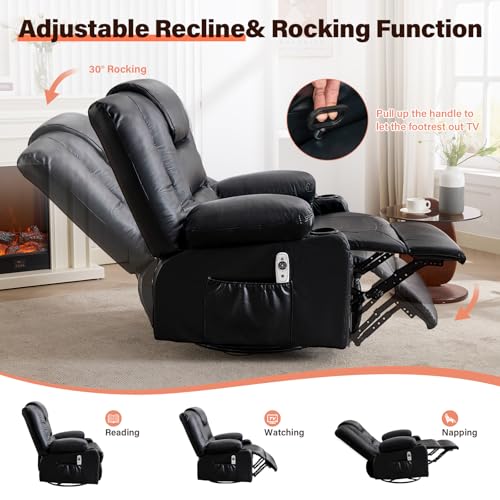 MAHOMICO Swivel Rocker Recliner Chair with Vibration Massage and Heat for Living Room,with Rocking Function and Side Pocket, PU Leather USB Charge Port,2 Cup Holders
