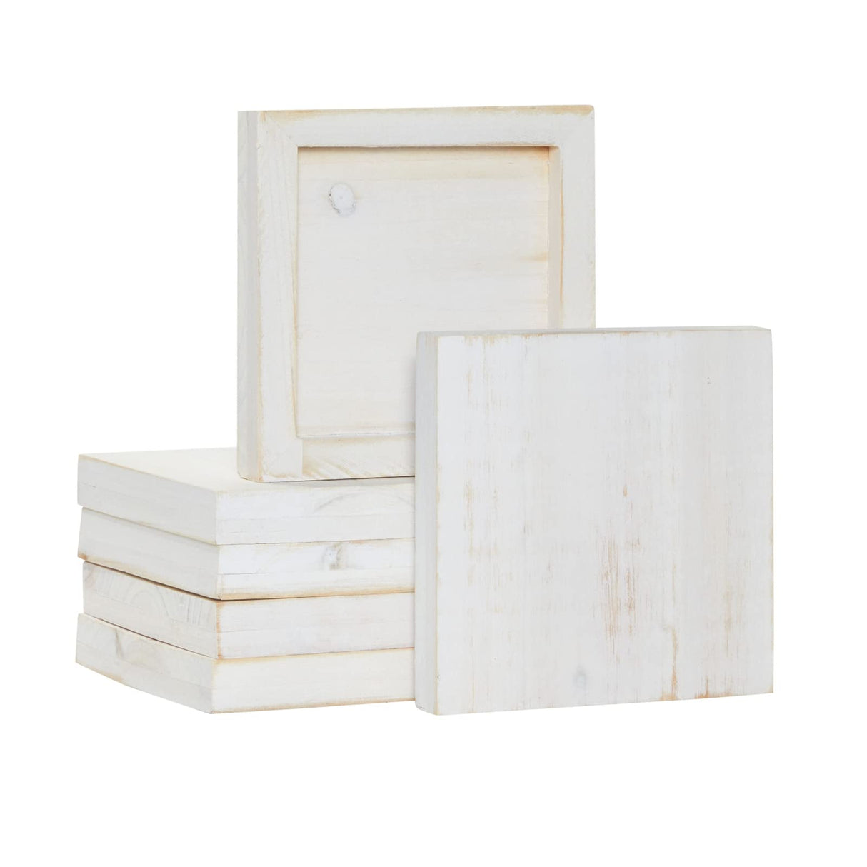 6 Pack White Washed Craft Wood Board Panels with Hardware Included for DIY Signs, Paintings (5 x 5 in) Bright Creations