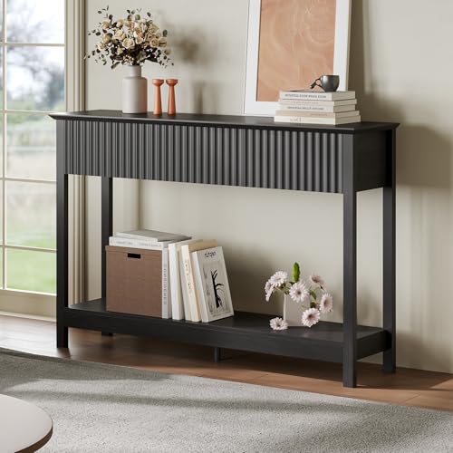 Treocho 47" Fluted Console Table with 3 Drawers, Narrow Long Entryway Table with Storage and Shelf, 2-Tier Sofa Table Behind Couch Accent Tables for Entrance Foyer, Hallway, Living Room, Black Treocho
