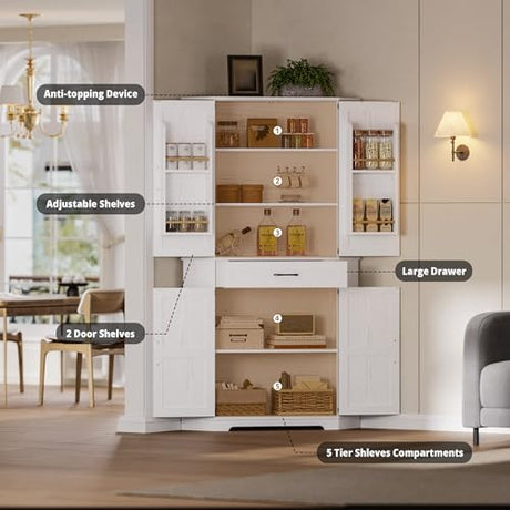 IRONCK 72" Corner Cabinet, Kitchen Pantry Storage Cabinet with Drawer, Spacious Farmhouse Pantry with 3 Adjustable Shelves, 2 Doors Storage, for Kitchen, White IRONCK