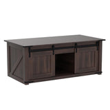 IFGET 48" Lift Top Coffee Table, Farmhouse Cocktai with Sliding Groove Barn Door, Rustic Wood Center Table w/Double Storage Spaces for Living Room, Brown IFGET