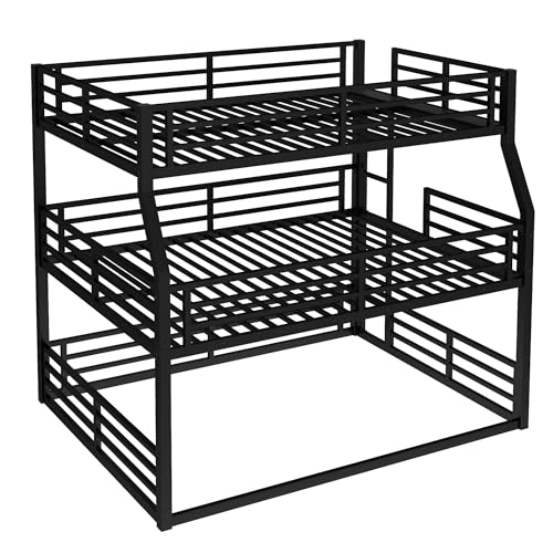 Bellemave Metal Triple Bunk Bed with Full-Length Guardrails, Full XL Over Queen Over Queen Bunk Bed for 3, Noise-Reduced, Metal Black Bellemave