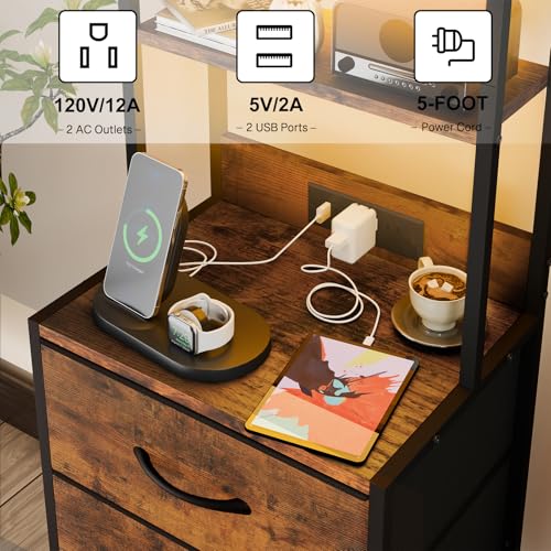 Fixwal 41 Inch Tall Nightstand with Charging Station, Led Night Stand with U-S-B Port & Socket, 3 PU Finished Fabric Storage Drawers, Office, Bedside Table & Bookshelf in One, Rustic Brown Fixwal