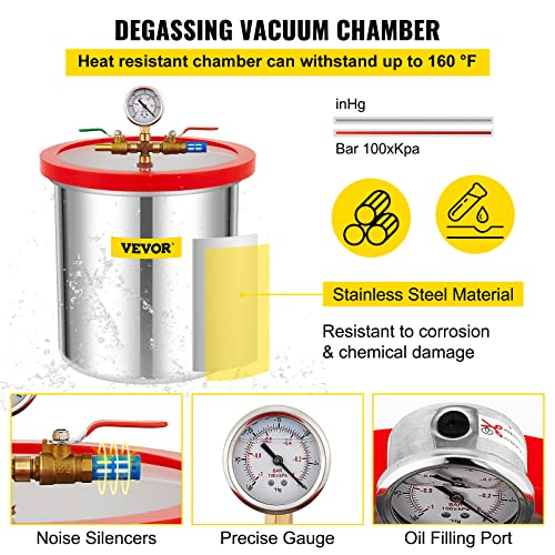 VEVOR Vacuum Chamber with Pump, 5 Gallon Chamber, 5 CFM 1/3 HP Single Stage Rotary Vane Vacuum Pump, 110 V HVAC Air Tool Set for Stabilizing Wood, Degassing Silicones, Epoxies and Essential Oils VEVOR