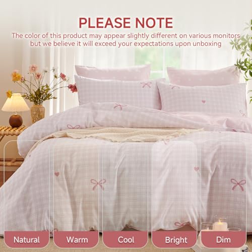 Erwinmu Gingham Comforter Set Twin Size,2 Pieces Pink Plaid Bow Ties Comforter Bedding Sets Reversible Pattern for Girls Kids,Cozy Breathable Microfiber Comforter and 1 Pillowcase Erwinmu