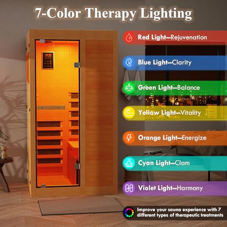 ROCSUMOO Infrared Sauna for 1 Person, Wooden Dry Sauna Room with backrest, 960W/120V Low EMF Indoor Saunas with Control Panel, 7-Color Therapy&Timer, Bluetooth Speakers for Home ROCSUMOO