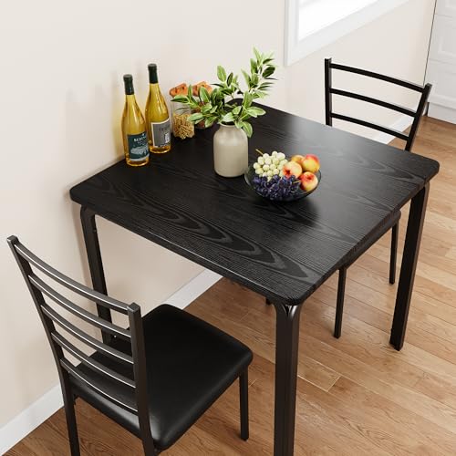 ELETHEBIA Dining Table Set for 2 Person Seat,Table with 2 Upholstered Chairs - Spacious Square Rounded Corner Top, Perfect for Apartment Living Room, Dining Room, Study, and Kitchen Workspace (Black) ELETHEBIA