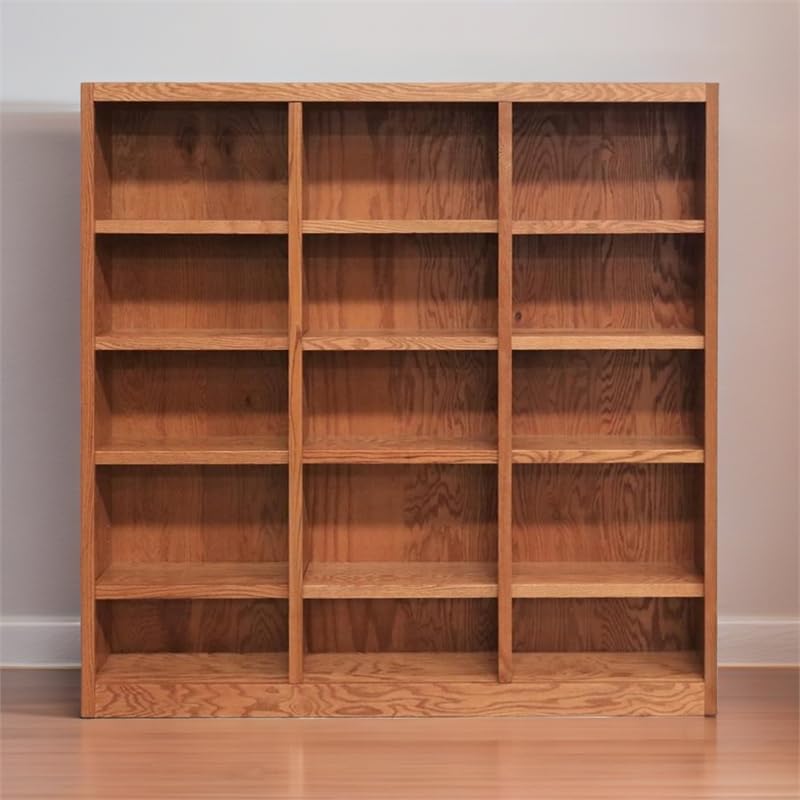 BOWERY HILL 72" Classic Triple Wide Wood Bookcase with 12 Adjustable and 3 Fixed Shelves in Dry Oak Finish - WoodArtSupply