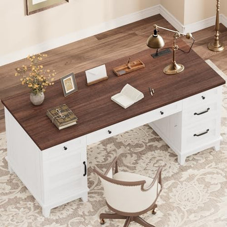GarveeHome Executive Desk with File Drawers, Farmhouse Home Office Desk with Charging Station, 60 in Wooden Computer Desk with Cabinet Storage for Work Study Writing, White Walunt GarveeHome