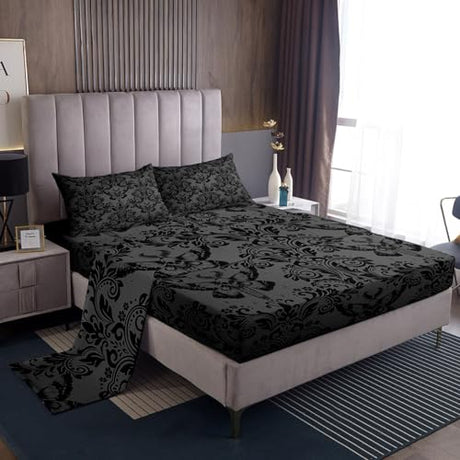 Feelyou Adults Dark Olive Green Vintage Damask Floral Sheet Set Oriental Antique Sheets with Deep Pocket Fitted Sheet King Size Gothic Bohemia Boho Flower Bed Sheets Set Gothic Skull Bed Set 4Pcs Feelyou