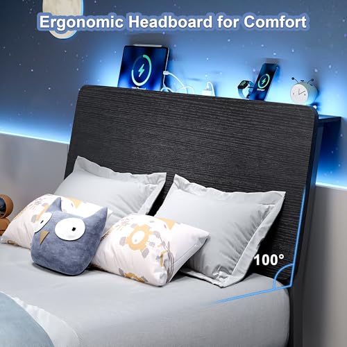 Feonase Twin Bed Frame with Ergonomic Storage Headboard & Charging Station, LED Platform Bed Frame, Heavy Duty Metal Slats, No Box Spring Needed, Easy Assembly, Black Feonase