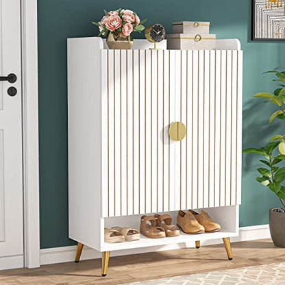 Tribesigns Shoe Cabinet with Doors, 6-Tier Shoe Storage Cabinet with Adjustable Shelves, Wooden Shoes Rack Shoe Storage Organizer for Entryway, Hallway, Closet, Living Room, White & Gold - WoodArtSupply