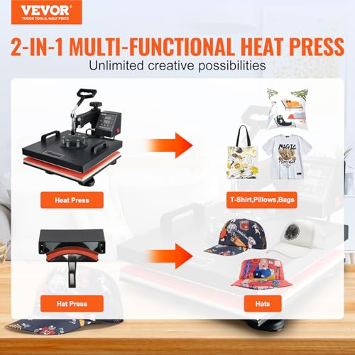 VEVOR 2 in 1 Heat Press 15x15 Inch 360° Swing Away Digital Tshirt Press Machine with 6x3 Inch Hat Press, Multifunction Combo for T Shirt Hat Cap Pillow Bag