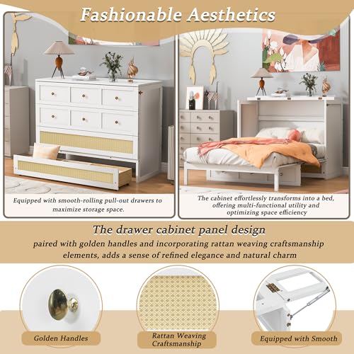 Ball & Cast Murphy Bed Full Size Bed Frame with Large Drawers,Rattan Wood Bed w/Slat Support & No Box Spring Needed,Space Saving,for Small Room,White Ball & Cast