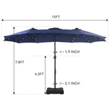 GREEN PARTY 15 ft Rectangle Patio Umbrella with Solar Lights and Base Included, Double-Sided Market Table Umbrella with Crank, Large Outdoor Umbrellas for Patio Poolside Garden Backyard, Navy Blue GREEN PARTY