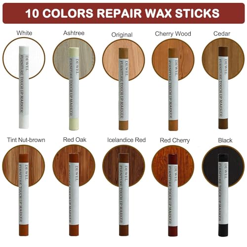 DEWEL Wood Filler Sticks, 10 Pcs Furniture Crayons for Scratches, Touch Up Wax Sticks, Upgrade Furniture Repair Wax Crayons Kit for Scratches, Holes, DEWEL