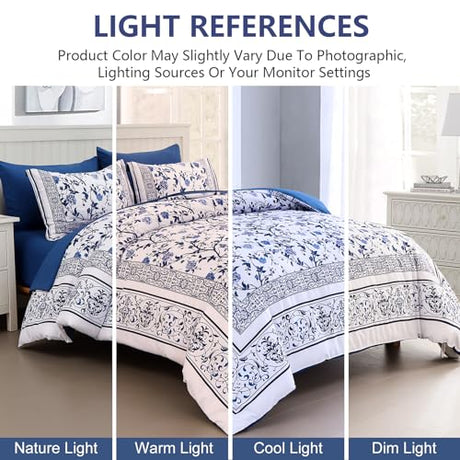 Dobuyly Floral King Size Comforter Set, Blue Flowers on White Botanical Bedding Set 7 Piece Bed in a Bag King, Soft Microfiber Bedding Comforter Sets with Sheets for All Season Dobuyly