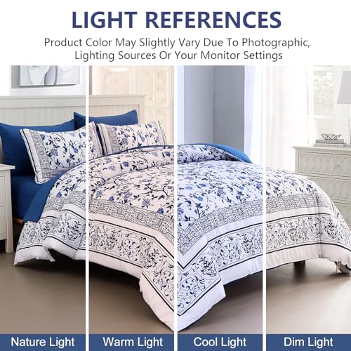 Dobuyly Floral Queen Comforter Set, 7 Piece Bed in a Bag Queen Size Blue Flowers on White Botanical Bedding Set, Soft Microfiber Bedding Comforter Sets with Sheets for All Season Dobuyly