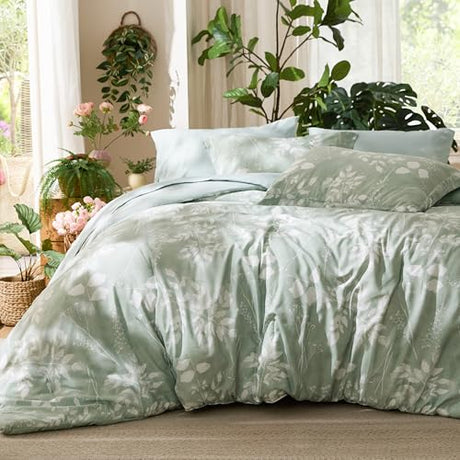 Bedsure Full Size Comforter Set - 7 Pieces Floral Sage Green Soft Bedding Sets, Full Bed in a Bag with Botanical Flowers Comforter, Sheets, Pillowcases & Shams Bedsure