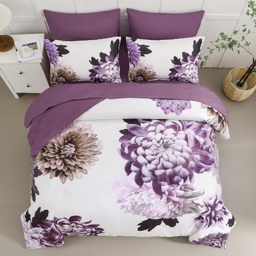 DJY Purple Comforter Set King, 7 Piece Floral Comforter Set with Sheets Elegant Flower Print Bed in a Bag Soft Microfiber Complete Bedding Set for All Season DJY