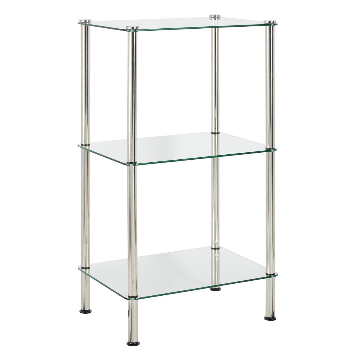 mDesign Metal/Glass 3-Tier Storage Tower, Narrow Shelving Display Unit, Open Glass Shelves; Multi-Use Stand for Living Room, Bathroom, Home Office, Hallway, Bedroom Organization - Chrome/Clear mDesign