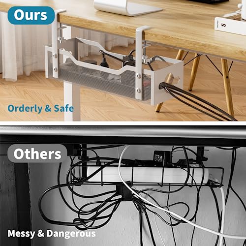 Under Desk Cable Management Tray No Drill, 13.38'' Metal Tray with Clamp for Wire Management, Litwaro Cord Organizer Home Office Damage to Standing Desk, White Litwaro