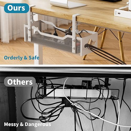 Under Desk Cable Management Tray No Drill, 13.38'' Metal Tray with Clamp for Wire Management, Litwaro Cord Organizer Home Office Damage to Standing Desk, White Litwaro