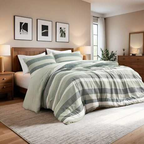 Regency Heights King Comforter Set, 3 Pieces Striped Bed Set, Soft Brushed Microfiber Reversible Bedding Set for All Season, Lightweight & Breathable Bedding Set with Comforter & Shams, Sage Green Regency Heights