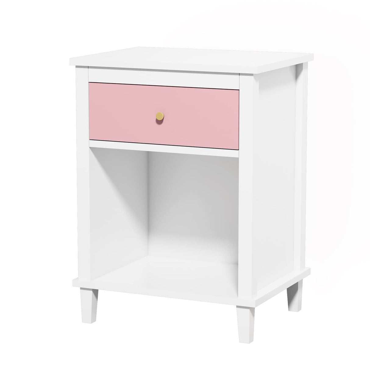 CEMKAR Wooden Nightstand, Bedroom Nightstand with 1 Drawer and 1 Open Compartment, Kids Nightstand (White+Pink) CEMKAR