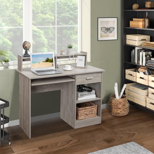 Karl home Computer Desk Study Writing Desk, Wooden Home Office Workstation PC Laptop Table with Drawer Shelf Keyboard Tray, Grey Karl home