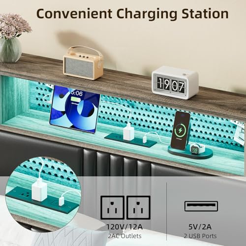 Full Size Bed Frame with LED Light and Charging Station, Full Size Platform Bed Frame with Strong Metal Slat Support, Upholstered Headboard, No Box Spring Needed, Noise-Free, Easy Assembly, Wash Grey IMMERSTABLE