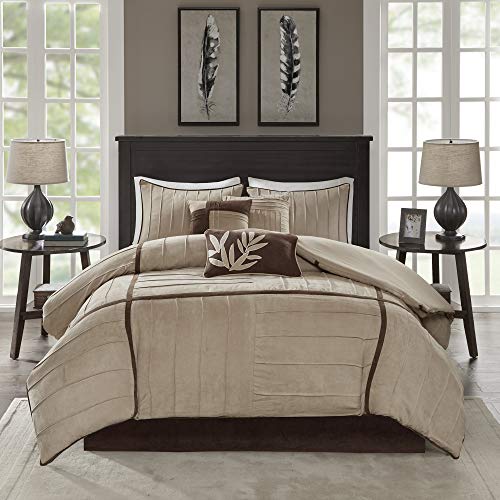 Madison Park Cozy Comforter Set Casual Blocks Design All Season, Matching Bed Skirt, Decorative Pillows, King(104"x92"), Dune Suede, Beige Brown, 7 Piece Madison Park