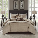 Madison Park Cozy Comforter Set Casual Blocks Design All Season, Matching Bed Skirt, Decorative Pillows, Queen(90"x90"), Dune Suede, Beige Brown, 7 Piece Madison Park