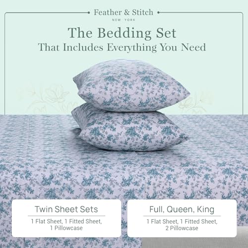 Feather & Stitch Softest 100% Cotton Sheets, 300 Thread Count Percale Weave Bedding, 16" Deep Pocket, Cooling Sheets, Breathable Bed Set, Hotel Premium Quality (Queen, Blue Floral) FEATHER & STITCH NEW YORK