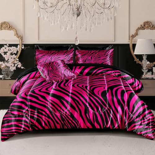 Zebra Print Bedding Set Hot Pink Satin Comforter with Sheets Zebra Stripe Animal Print Africa Wildlife Theme Silk Like Silky Bed in A Bag Black Pink Comforter Sets Bedorm