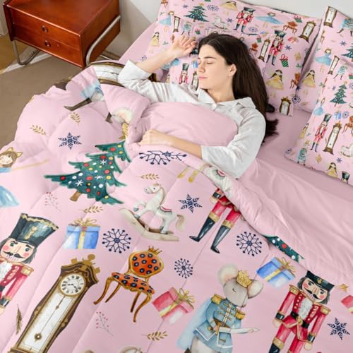 Erosebridal Pink Christmas Twin Size Comforter Set with Sheets Kids Nutcracker 7-Piece Bedding Set Carousel Soldier Bed in a Bag Ballet Girl Xmas Tree Bed Quilt Sets for Boy Girl Teen Adult Erosebridal