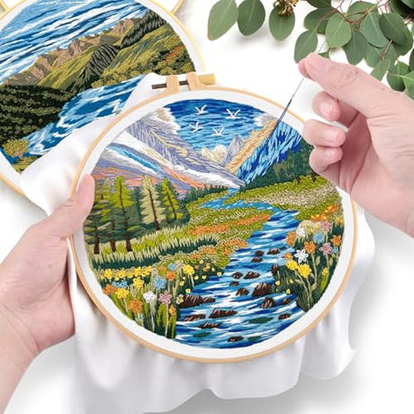 ERKOON 5 Sets Embroidery Kit for Beginners, Butterfly Cross Stitch Set for Include Embroidery Cloth Hoops Threads for Craft Lover Hand Stitch (Landscapes) ERKOON