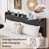 GarveeHome Queen Floating Bed Frame with LED Lights & Charging Station, Upholstered Platform Beds with Storage Headboard & Folding Shelves Storage, Metal Slats Support, No Box Spring Needed, Black GarveeHome