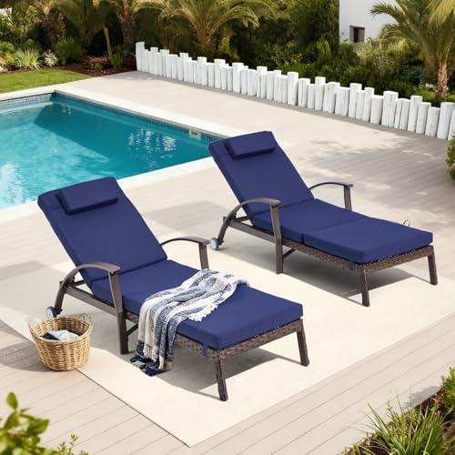 Mvpipi Outdoor Chaise Lounge Chairs Set of 2 with Wheels & Adjustable Backrest, Pool Lounge Chairs Set of 2 with Cushions, Wicker Poolside Lounge Chairs for Patio Deck Backyard, Blue