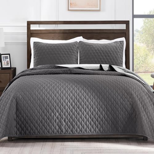 Exclusivo Mezcla Ultrasonic Reversible Full Queen Quilt Bedding Set with Pillow Shams, Lightweight Quilts Queen Size, Soft Bedspreads Bed Coverlets for All Seasons - (Grey, 90"x96") Exclusivo Mezcla
