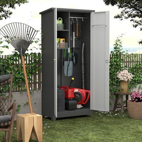 IRONFFICE Outdoor Storage Cabinet,Waterproof Outdoor Cabinet with Lockable Doors,Metal Garden Cabinet Storage Outdoor with with Sloping Roof for Garden,Patio,Lawn,Gray-Black IRONFFICE
