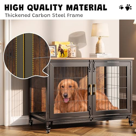 37.5 Inch Wooden Dog Crate with Wheels - Furniture Style Pet Kennel for Small to Medium Dogs Up to 66 Lbs - Multi-Purpose Removable Tray, Decorative Indoor Dog House, Sturdy & Stylish Design Hipicute