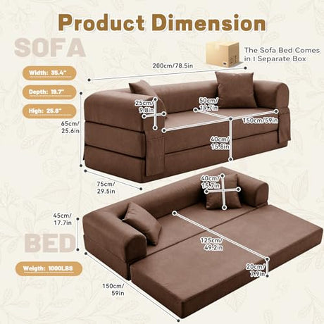 GJQ Convertible Sleeper Sofa Bed,78.5 Inch Faux Leather Futon Couch with Pillows & Storage Pocket,5-in-1 Folding Sofa Bed Queen with Pull Out Beds,Boneless Couches for Living Room,Couch in a Box,Brown GJQ