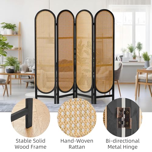 Asnefeli 4 Panel Room Divider, Double Hinged Foldable Wooden Room Divider, Individual Privacy Screen Made of Hand-Woven Rattan, Portable Wall Divider for Home Office Bedroom Bathroom (Black Natural) Asnefeli