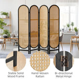Asnefeli 4 Panel Room Divider, Double Hinged Foldable Wooden Room Divider, Individual Privacy Screen Made of Hand-Woven Rattan, Portable Wall Divider for Home Office Bedroom Bathroom (Black Natural) Asnefeli