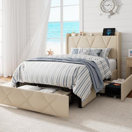 GalnFu Twin Bed Frame with 4 Storage Drawers, Upholstered Platform Bed with Charging Station, Modern Wingback Storage Headboard, Easy Assembly,Noise-Free, Beige GalnFu