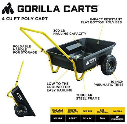 Gorilla Carts GCR-4 Poly Dump Cart, 2-Wheel Garden Wagon with Foldable Handle, 4 cu ft, 300 lb. Capacity, Black/Yellow