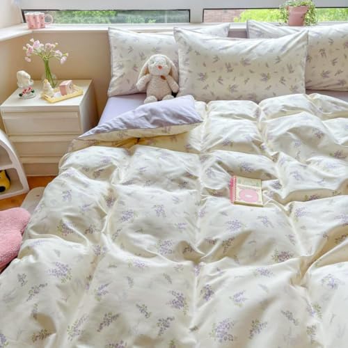 Sedefen Floral Duvet Cover Queen Size Lavender Purple Romantic Flower Bedding Set 3 Pcs Kids Boys Girls Women Spring Aesthetic Green Botanical Soft Breathable Comforter Cover with Zipper Closure Sedefen