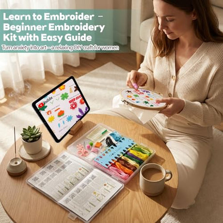 CLRDIVA First Embroidery Kit for Beginners: Pre-Printed Needlepoint Starter Kits with Complete Tools & Step-By-Step Videos Guide - Zero Stress to Learn 31 Stitches - Adults Relaxing DIY Craft Hobby CLRDIVA